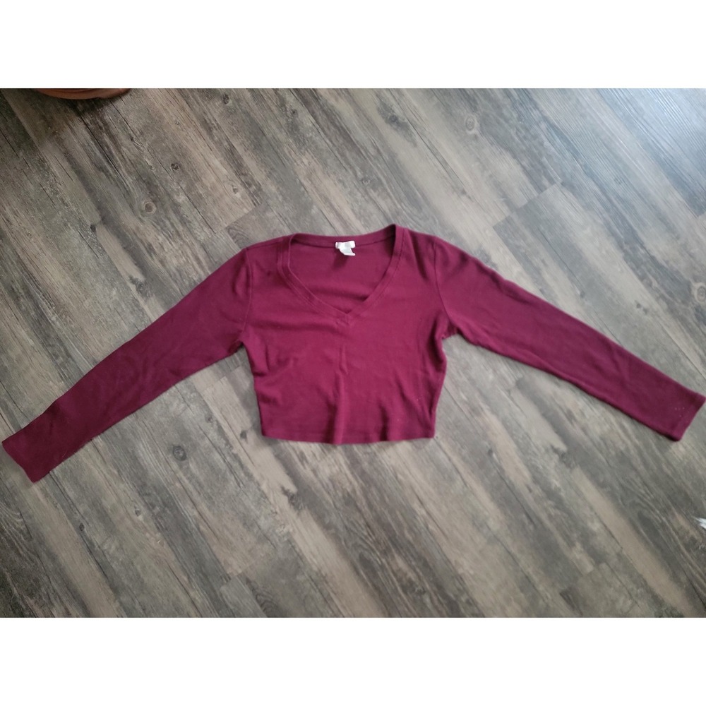 Bozzolo‎ Womens V-Neck Waffle Knit Thermal Long Sleeve Crop Top Burgundy Medium